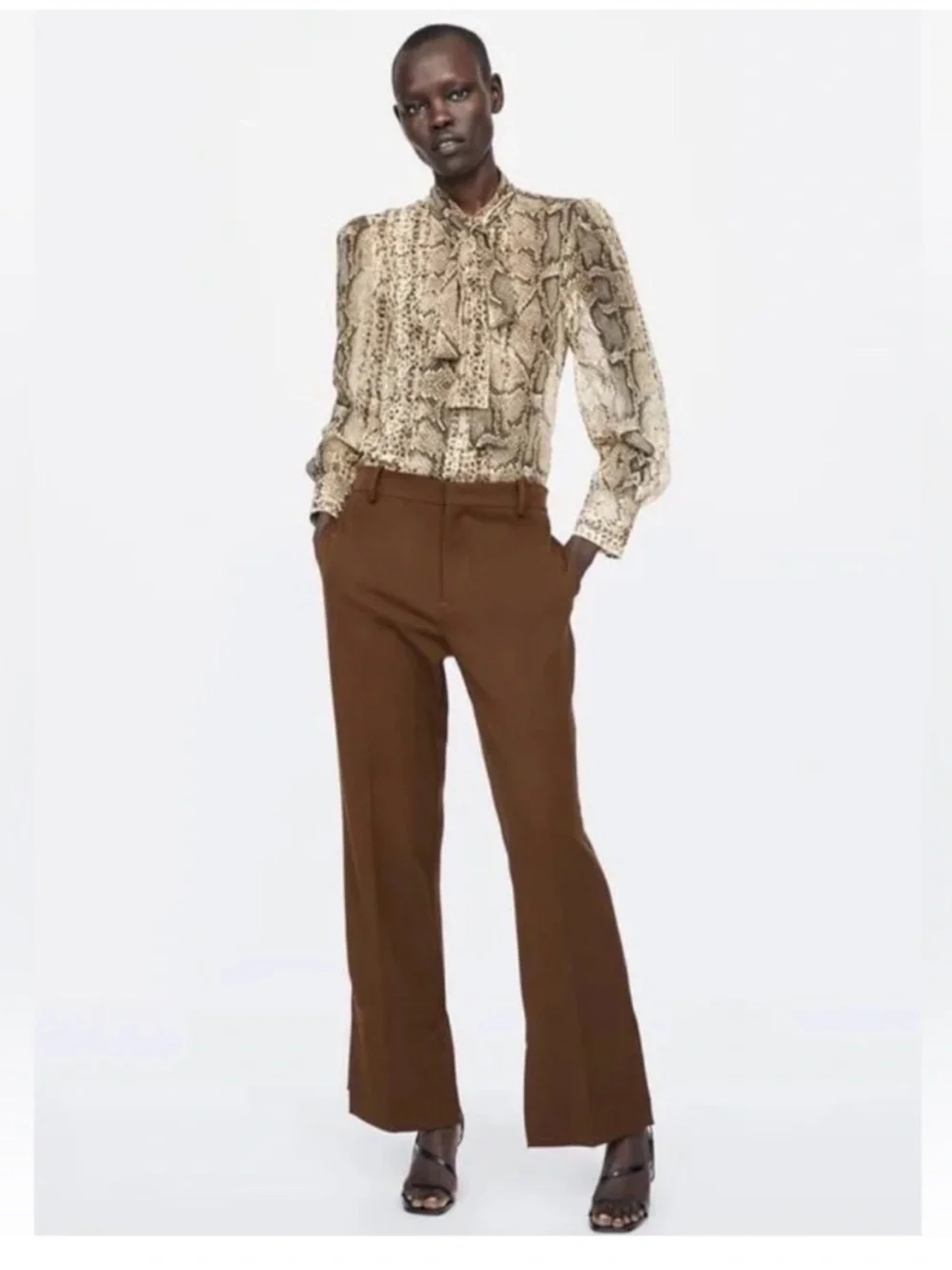 NWOT Zara Snake Print Tie-Neck Blouse in Beige and Brown Size Small